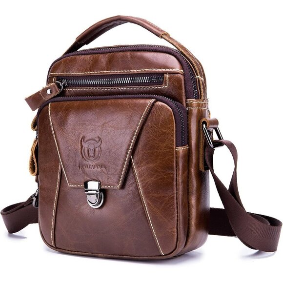 💫 Lukzijaes Leather Genuine Men Brown Small Lightweight Sling Messenger Bag - Picture 1 of 7